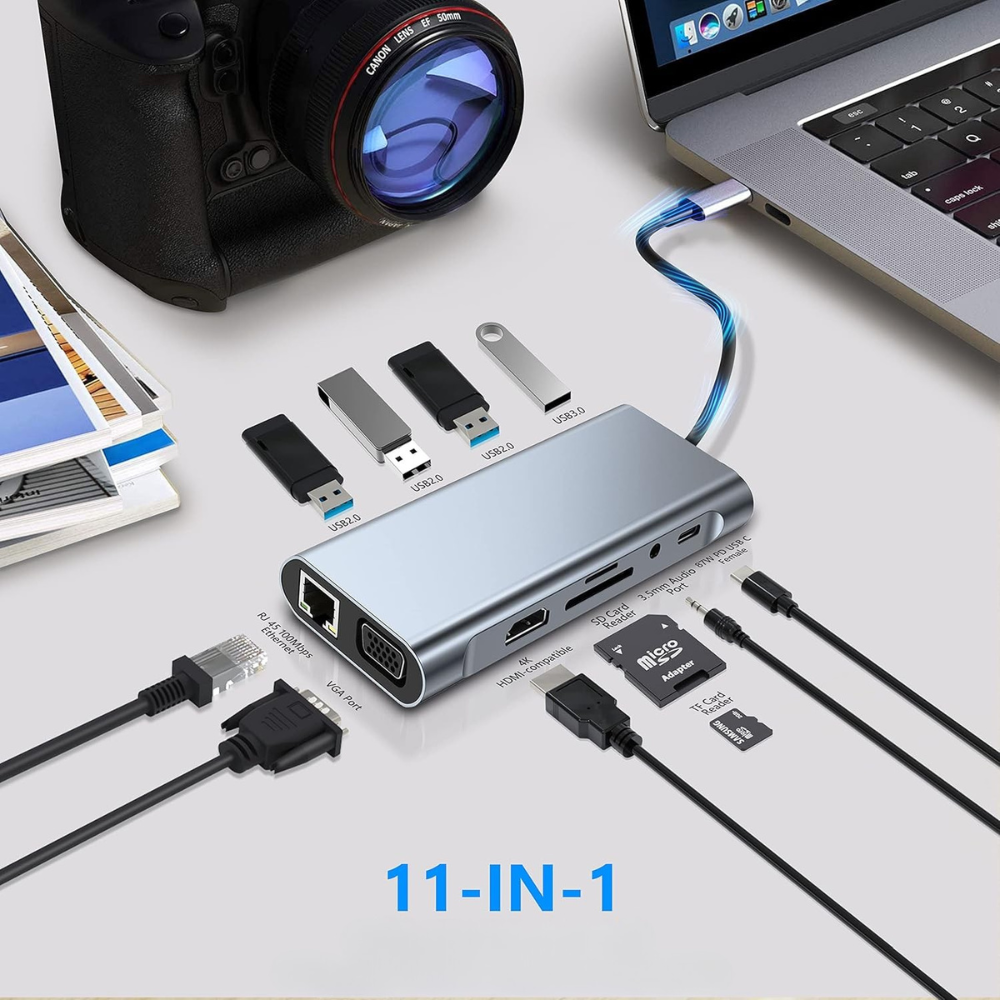 Hub Adaptor Multiport 11 in 1 USB-C, 4 x USB-A, 1 x HDMI 4K/30 Hz, 1 x USB-C, 1 x VGA, 1 x RJ45 Ethernet, Power Delivery Port 87W, Audio Jack, Cititor de Carduri SD/Micro SD, Docking Station pentru Laptop, MacBook Air/Pro, Chromebook, Tableta