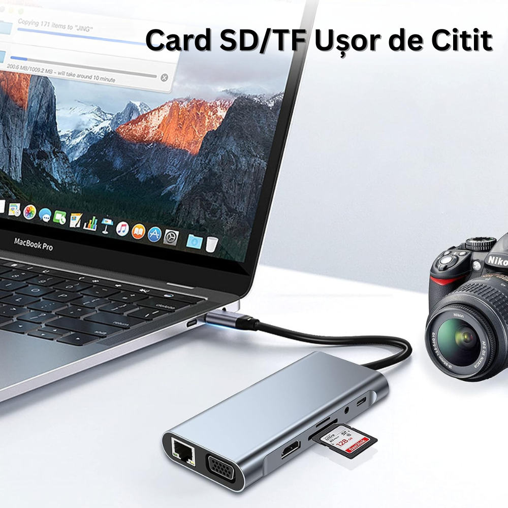 Hub Adaptor Multiport 11 in 1 USB-C, 4 x USB-A, 1 x HDMI 4K/30 Hz, 1 x USB-C, 1 x VGA, 1 x RJ45 Ethernet, Power Delivery Port 87W, Audio Jack, Cititor de Carduri SD/Micro SD, Docking Station pentru Laptop, MacBook Air/Pro, Chromebook, Tableta