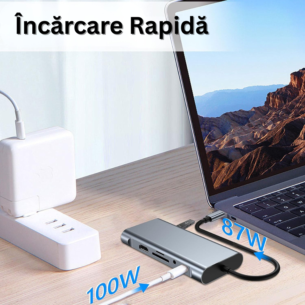 Hub Adaptor Multiport 11 in 1 USB-C, 4 x USB-A, 1 x HDMI 4K/30 Hz, 1 x USB-C, 1 x VGA, 1 x RJ45 Ethernet, Power Delivery Port 87W, Audio Jack, Cititor de Carduri SD/Micro SD, Docking Station pentru Laptop, MacBook Air/Pro, Chromebook, Tableta