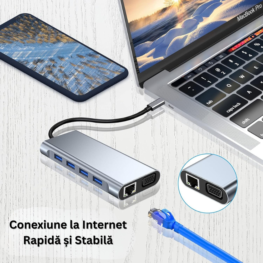 Hub Adaptor Multiport 11 in 1 USB-C, 4 x USB-A, 1 x HDMI 4K/30 Hz, 1 x USB-C, 1 x VGA, 1 x RJ45 Ethernet, Power Delivery Port 87W, Audio Jack, Cititor de Carduri SD/Micro SD, Docking Station pentru Laptop, MacBook Air/Pro, Chromebook, Tableta