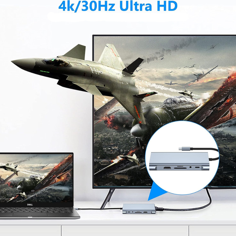 Hub Adaptor Multiport 11 in 1 USB-C, 4 x USB-A, 1 x HDMI 4K/30 Hz, 1 x USB-C, 1 x VGA, 1 x RJ45 Ethernet, Power Delivery Port 87W, Audio Jack, Cititor de Carduri SD/Micro SD, Docking Station pentru Laptop, MacBook Air/Pro, Chromebook, Tableta