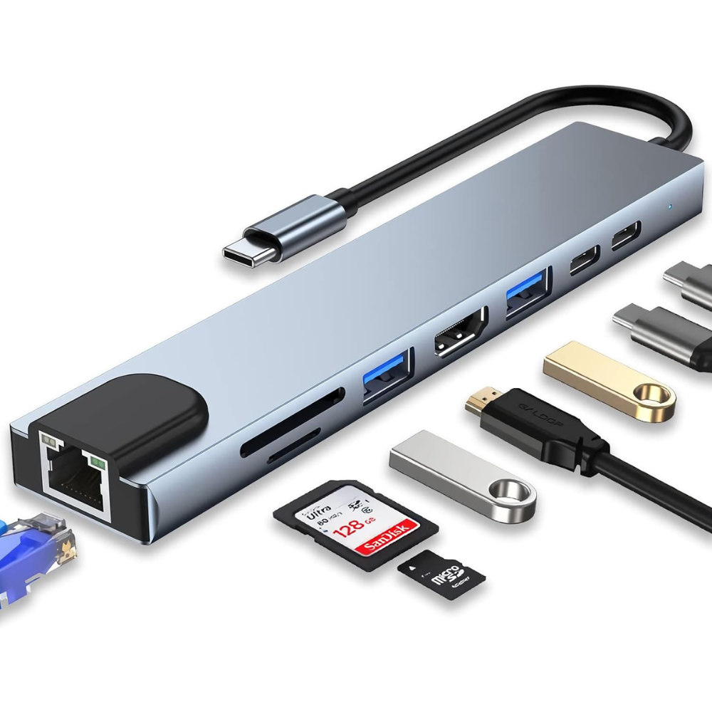 Hub Adaptor Multiport 8 in 1 USB-C, 1 x Ethernet, 1 x USB 3.0, 1 x HDMI 4K / 30 Hz, Power Delivery Port 87 W, Cititor de Carduri SD si Micro SD, Docking Station pentru Laptop, MacBook Air/Pro, Chromebook, Tableta, din Aluminiu, Gri