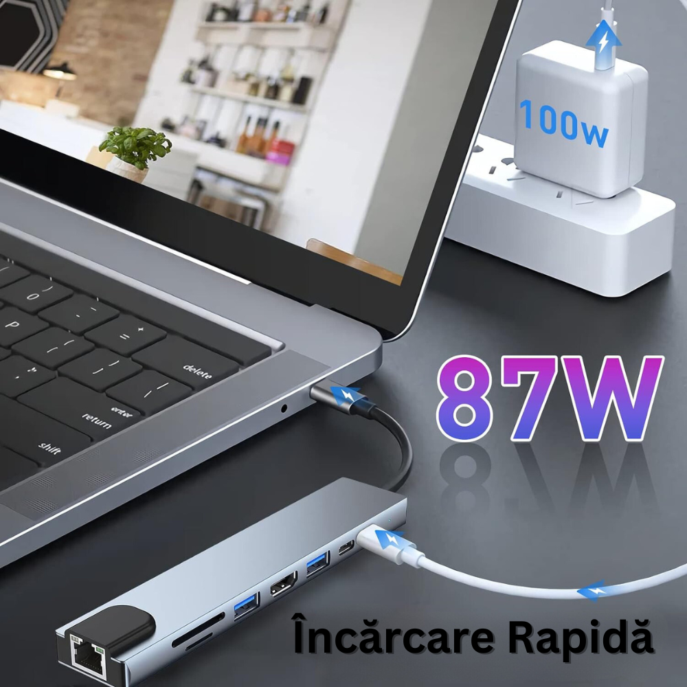 Hub Adaptor Multiport 8 in 1 USB-C, 1 x Ethernet, 1 x USB 3.0, 1 x HDMI 4K / 30 Hz, Power Delivery Port 87 W, Cititor de Carduri SD si Micro SD, Docking Station pentru Laptop, MacBook Air/Pro, Chromebook, Tableta, din Aluminiu, Gri
