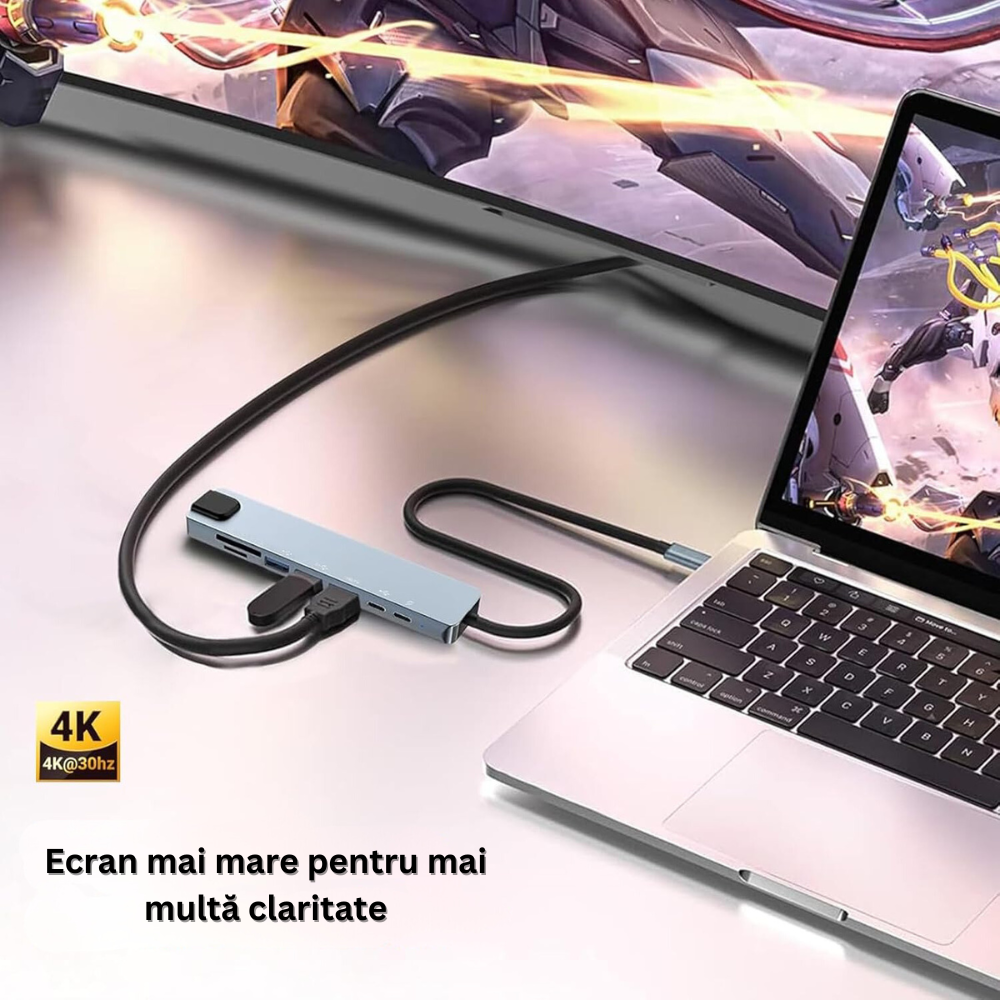 Hub Adaptor Multiport 8 in 1 USB-C, 1 x Ethernet, 1 x USB 3.0, 1 x HDMI 4K / 30 Hz, Power Delivery Port 87 W, Cititor de Carduri SD si Micro SD, Docking Station pentru Laptop, MacBook Air/Pro, Chromebook, Tableta, din Aluminiu, Gri