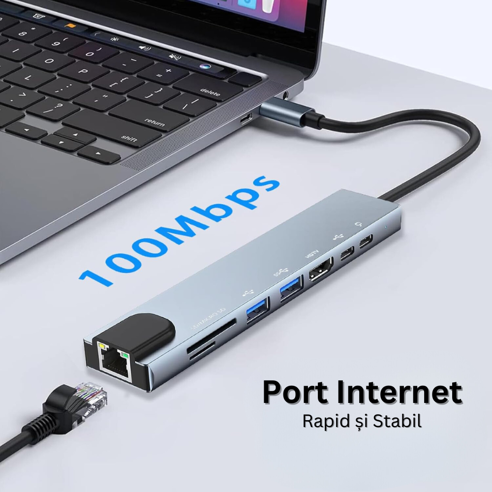 Hub Adaptor Multiport 8 in 1 USB-C, 1 x Ethernet, 1 x USB 3.0, 1 x HDMI 4K / 30 Hz, Power Delivery Port 87 W, Cititor de Carduri SD si Micro SD, Docking Station pentru Laptop, MacBook Air/Pro, Chromebook, Tableta, din Aluminiu, Gri