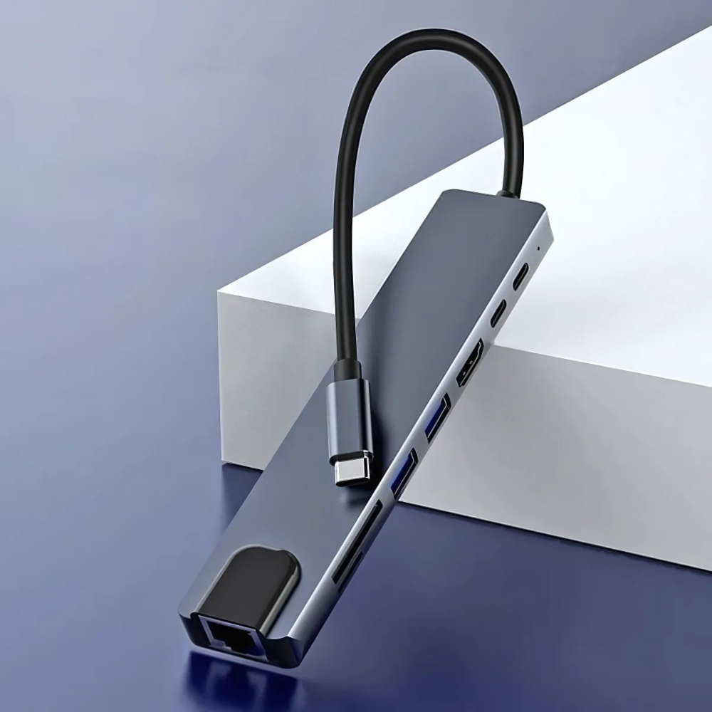 Hub Adaptor Multiport 8 in 1 USB-C, 1 x Ethernet, 1 x USB 3.0, 1 x HDMI 4K / 30 Hz, Power Delivery Port 87 W, Cititor de Carduri SD si Micro SD, Docking Station pentru Laptop, MacBook Air/Pro, Chromebook, Tableta, din Aluminiu, Gri