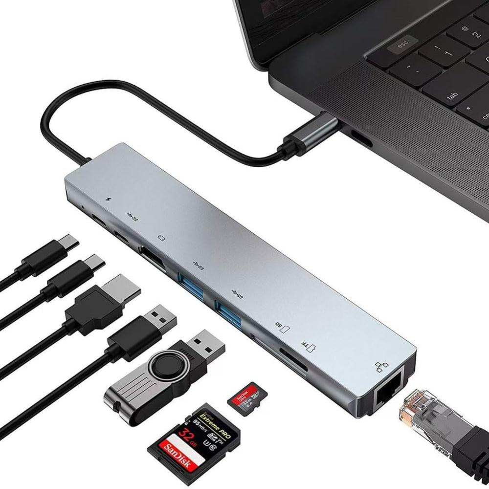 Hub Adaptor Multiport 8 in 1 USB-C, 1 x Ethernet, 1 x USB 3.0, 1 x HDMI 4K / 30 Hz, Power Delivery Port 87 W, Cititor de Carduri SD si Micro SD, Docking Station pentru Laptop, MacBook Air/Pro, Chromebook, Tableta, din Aluminiu, Gri