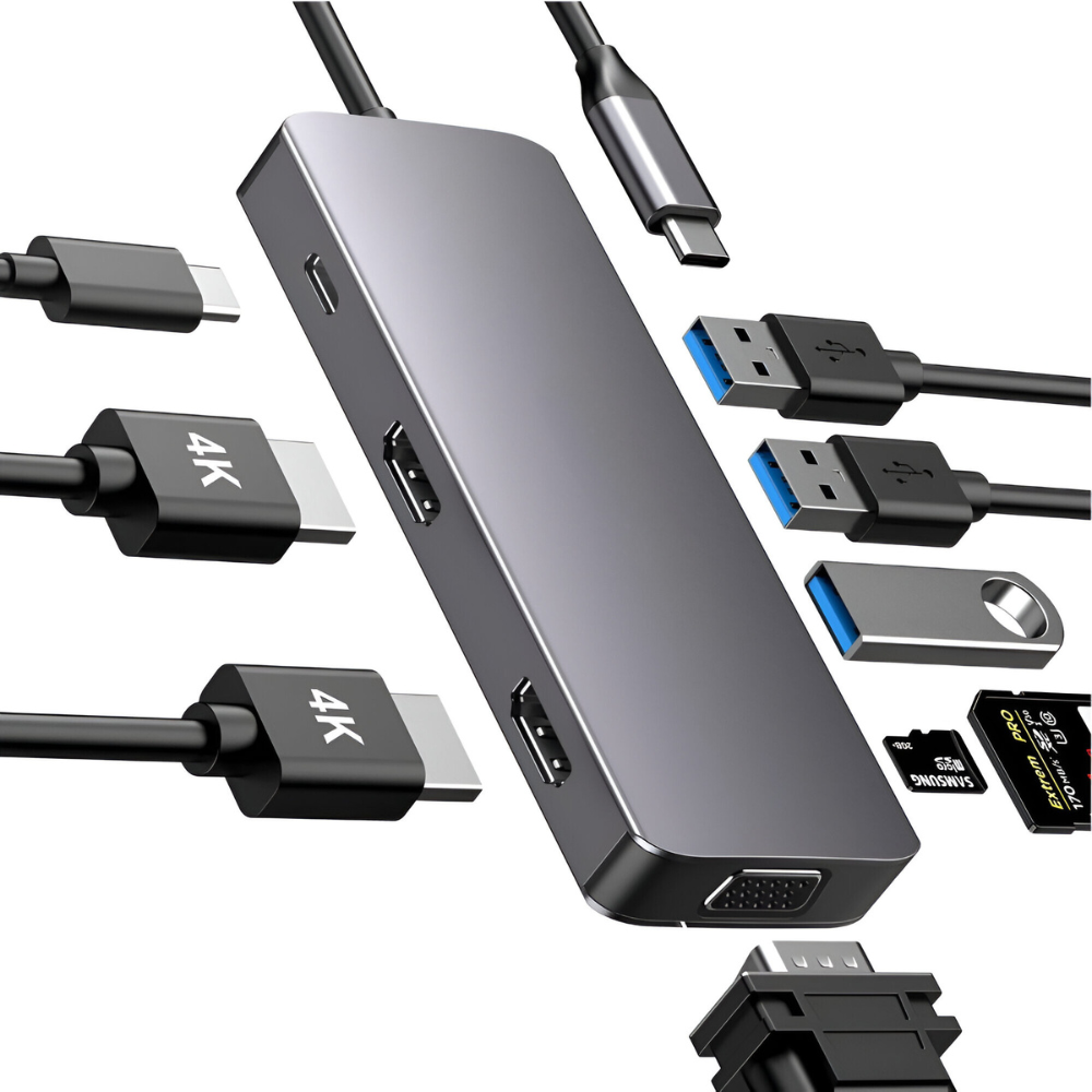 Hub Adaptor Multiport 9 in 1, USB-C, 3 x USB 3.0, 2 x HDMI 4K / 30 Hz, 1 x VGA 1080P / 60 Hz, Power Delivery Port 87 W, Cititor de Carduri SD si Micro SD, Docking Station pentru Laptop, MacBook Air/Pro, Chromebook, Tableta, din Aluminiu, Gri