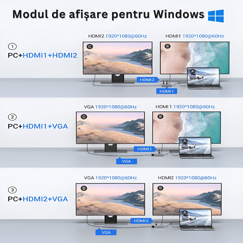 Hub Adaptor Multiport 9 in 1, USB-C, 3 x USB 3.0, 2 x HDMI 4K / 30 Hz, 1 x VGA 1080P / 60 Hz, Power Delivery Port 87 W, Cititor de Carduri SD si Micro SD, Docking Station pentru Laptop, MacBook Air/Pro, Chromebook, Tableta, din Aluminiu, Gri