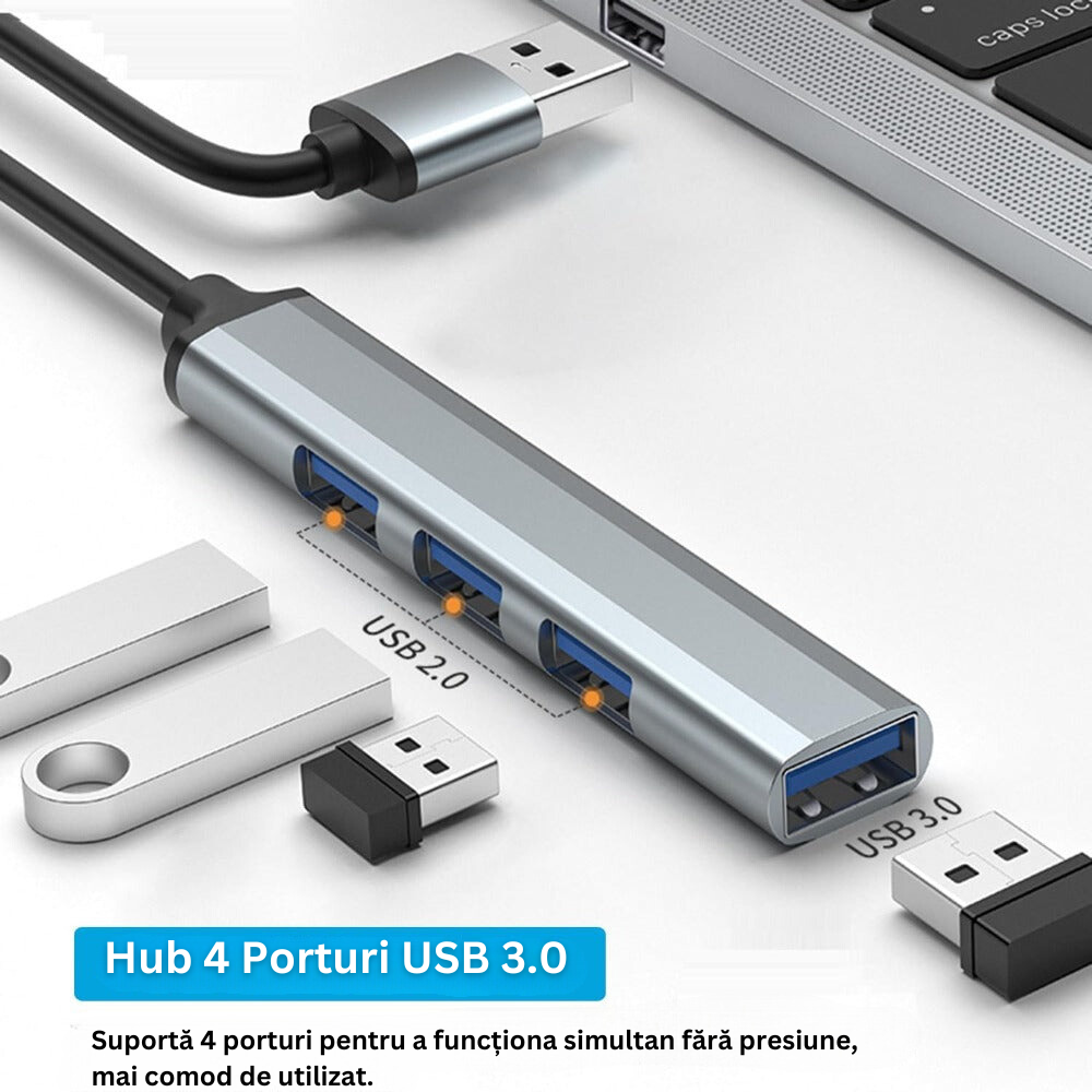 Hub Adaptor USB Multiport 4 in 1, USB 3.0, Plug&Play, Compatibil cu Macbook, Laptop, PC, Protectie Supracurent, Portabil, din Aluminiu, Cablu 14 cm, Gri