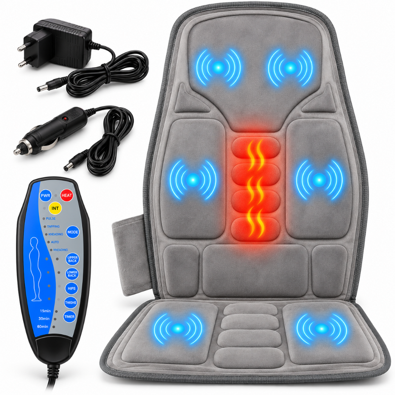 Husa de Scaun cu Masaj, Functie Incalzire, 5 Moduri de Masaj, 3 Niveluri de Intensitate, Temporizator 15/30/60min, Masaj Vibratii pentru Spate, Gat, Umeri, Fese, Coapse, Cervical, Lombar, Relaxare Musculara, Reduce Durerea, Adaptor Auto, Telecomanda, Gri