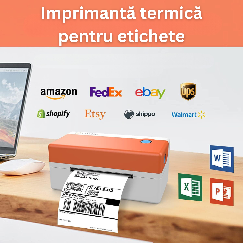 Imprimanta Termica, pentru Etichete si AWB-uri, Viteza Printare Mare, 150 mm/s, 203DPI, Latime Hartie 120 mm, Printare 104 mm, Conectare USB, Senzor Detectare Hartie, Compatibil Windows, Mac, Linux, USB Flash Drive Inclus