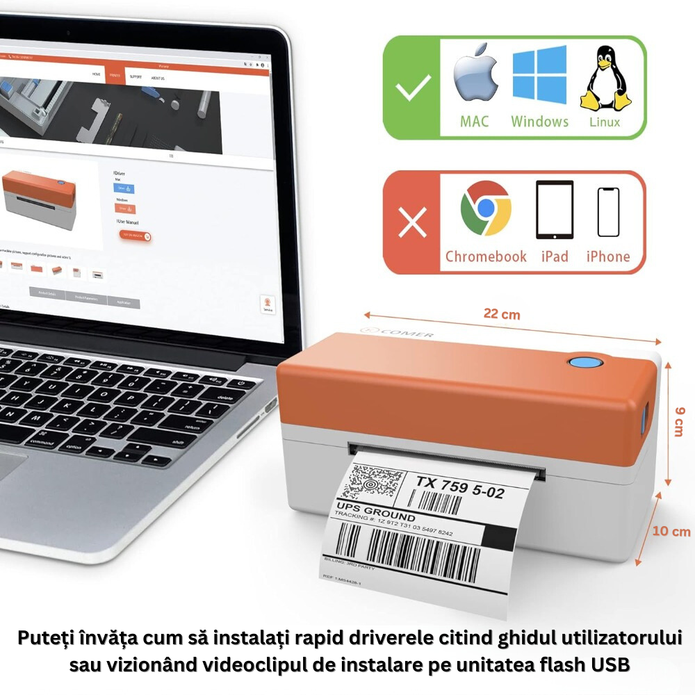 Imprimanta Termica, pentru Etichete si AWB-uri, Viteza Printare Mare, 150 mm/s, 203DPI, Latime Hartie 120 mm, Printare 104 mm, Conectare USB, Senzor Detectare Hartie, Compatibil Windows, Mac, Linux, USB Flash Drive Inclus