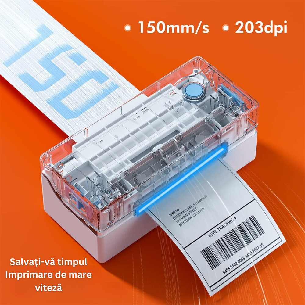 Imprimanta Termica, pentru Etichete si AWB-uri, Viteza Printare Mare, 150 mm/s, 203DPI, Latime Hartie 120 mm, Printare 104 mm, Conectare USB, Senzor Detectare Hartie, Compatibil Windows, Mac, Linux, USB Flash Drive Inclus