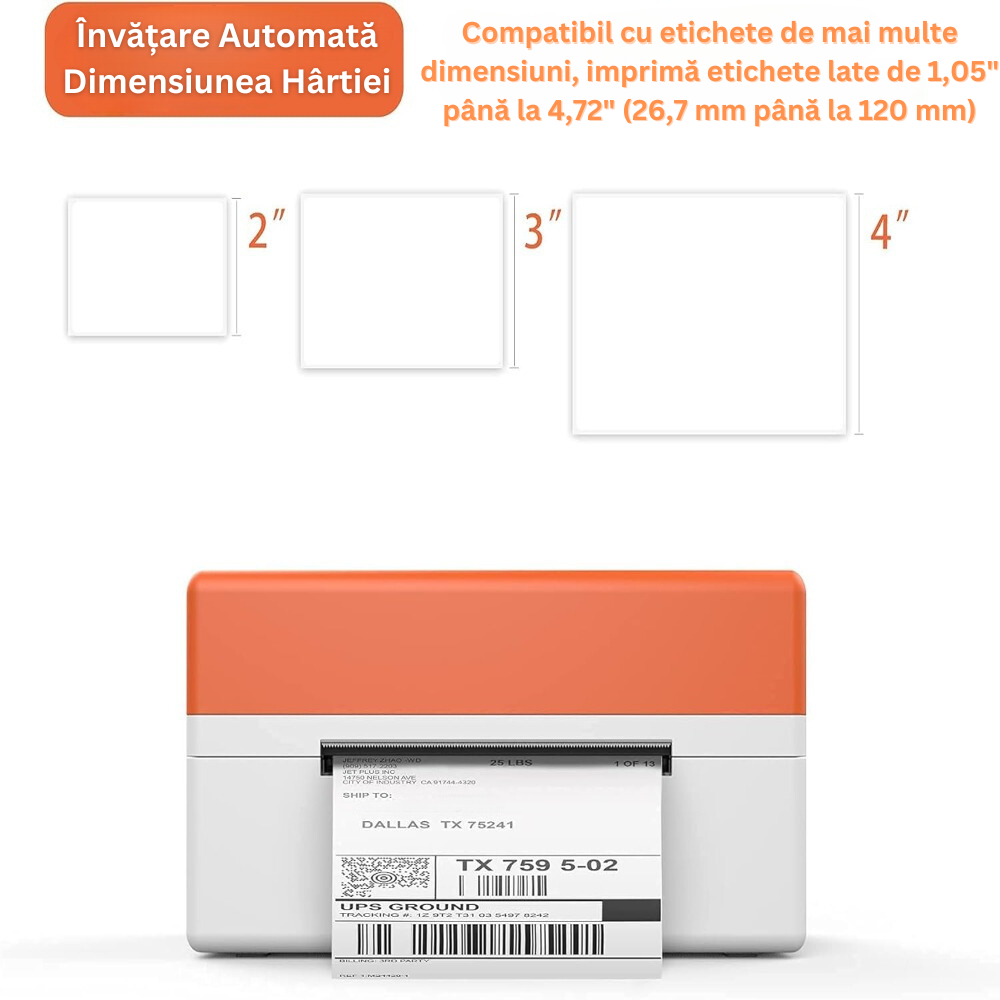 Imprimanta Termica, pentru Etichete si AWB-uri, Viteza Printare Mare, 150 mm/s, 203DPI, Latime Hartie 120 mm, Printare 104 mm, Conectare USB, Senzor Detectare Hartie, Compatibil Windows, Mac, Linux, USB Flash Drive Inclus