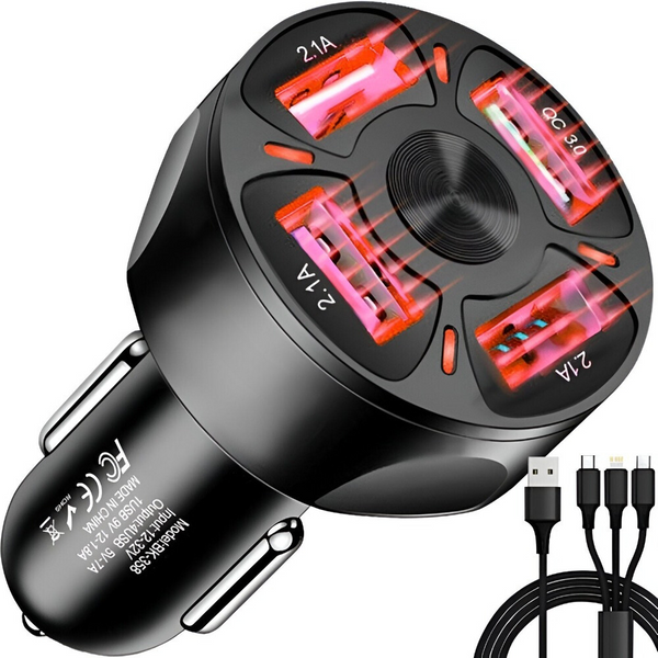 Incarcator Auto Bricheta, 4 Porturi USB, 2.1A, QC3.0, Indicator LED, 12-32 V, Compatibil cu Telefon, Tableta si Camera Bord, Cablu de Date 3 in 1 Micro USB/Lightning/USB Type-C Inclus, Negru