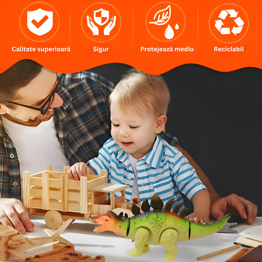 Jucarie Interactiva Dinozaur Stegosaurus, Miscari Realiste, Sunete, Lumini, Capaul si Coada Mobile, pentru Copii, Fete si Baieti, + 3 ani, 28 x 13 cm, Multicolor