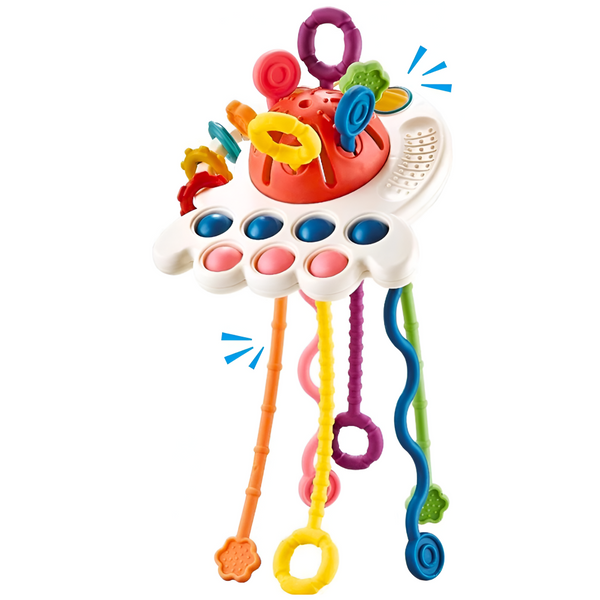 Jucarie Zornaitoare OZN pentru Bebelusi, cu Inele, Corzi, Pop It, Materiale Non-Toxice, Silicon Alimentar, Antistres, Senzoriala, pentru Dentitie si Motricitate, Prindere Usoara, Coordonarea Mana-Ochi, Unisex, 0-24 luni, Multicolor