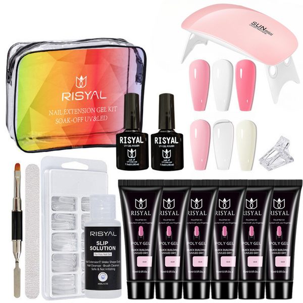 Kit Unghii Polygel, cu Mini Lampa UV LED Portabila 6 W, 6 x Gel Color, Baza, Top, Solutie Slip, 100 Sabloane de Unghii, Pila, Pensula Dubla, Clip, Geanta de Transport Inclusa, Multicolor