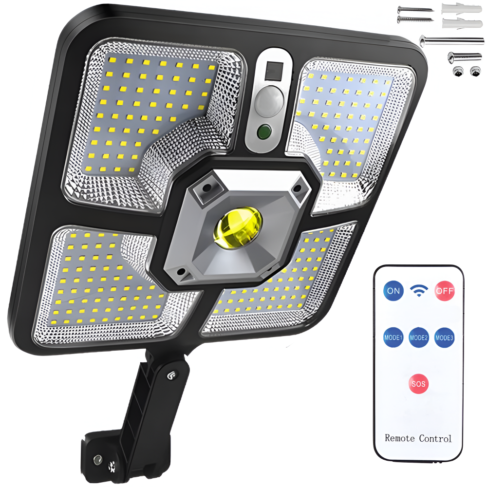 Lampa Solara, cu Panou Solar Incorporat, 220 LED SMD, Telecomanda, cu Senzori de Amurg, Miscare si Lumina, Brat de Montare, Rezistenta la Apa IP65, 3 Moduri Functionare, Kit de Montaj Inclus, Negru
