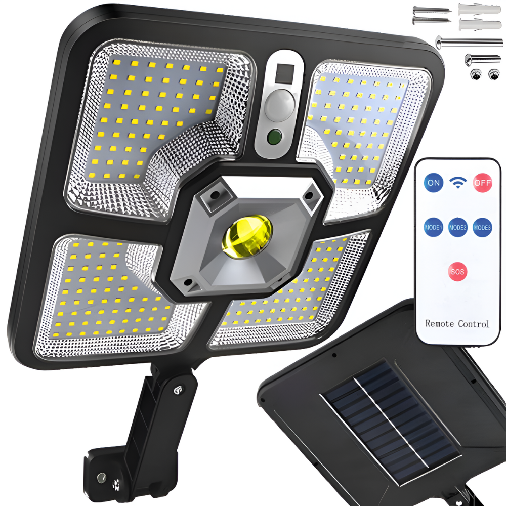 Lampa Solara, cu Panou Solar Incorporat, 220 LED SMD, Telecomanda, cu Senzori de Amurg, Miscare si Lumina, Brat de Montare, Rezistenta la Apa IP65, 3 Moduri Functionare, Kit de Montaj Inclus, Negru