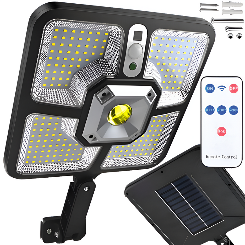 Lampa Solara, cu Panou Solar Incorporat, 220 LED SMD, Telecomanda, cu Senzori de Amurg, Miscare si Lumina, Brat de Montare, Rezistenta la Apa IP65, 3 Moduri Functionare, Kit de Montaj Inclus, Negru