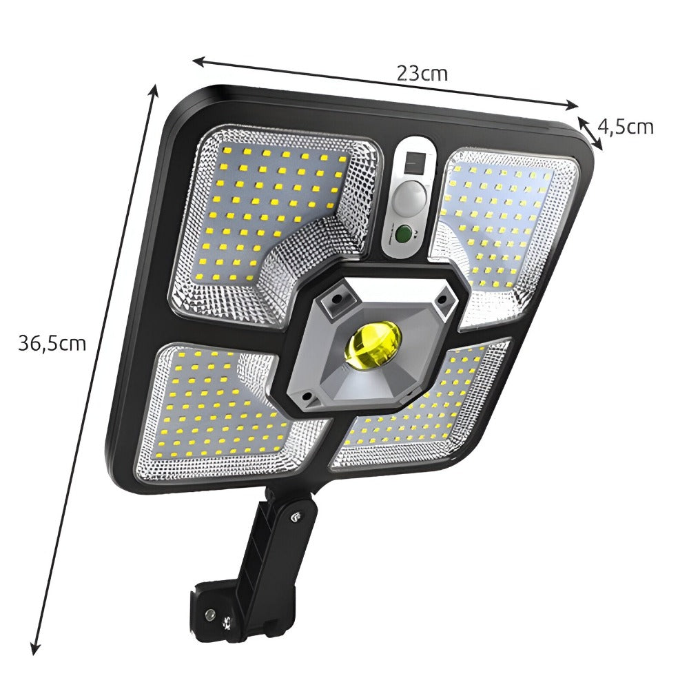 Lampa Solara, cu Panou Solar Incorporat, 220 LED SMD, Telecomanda, cu Senzori de Amurg, Miscare si Lumina, Brat de Montare, Rezistenta la Apa IP65, 3 Moduri Functionare, Kit de Montaj Inclus, Negru