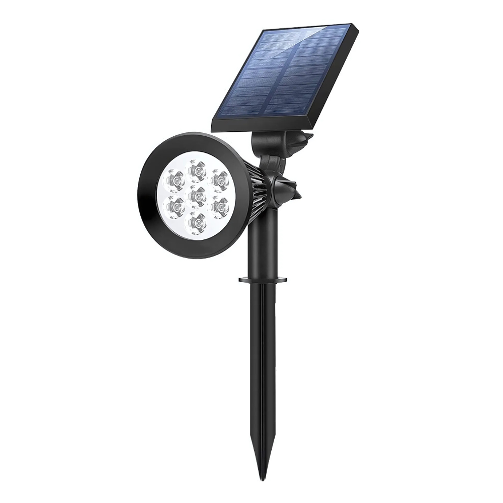 Lampa Solara RGB de Exterior, cu Panou Solar Incorporat, 7 LED COB, pentru Gradina, Casa, tip Proiector cu Tarus, Senzori de Amurg si Lumina, Rezistenta la Apa IP65, 8 Moduri Functionare, Kit Montaj Inclus, Negru