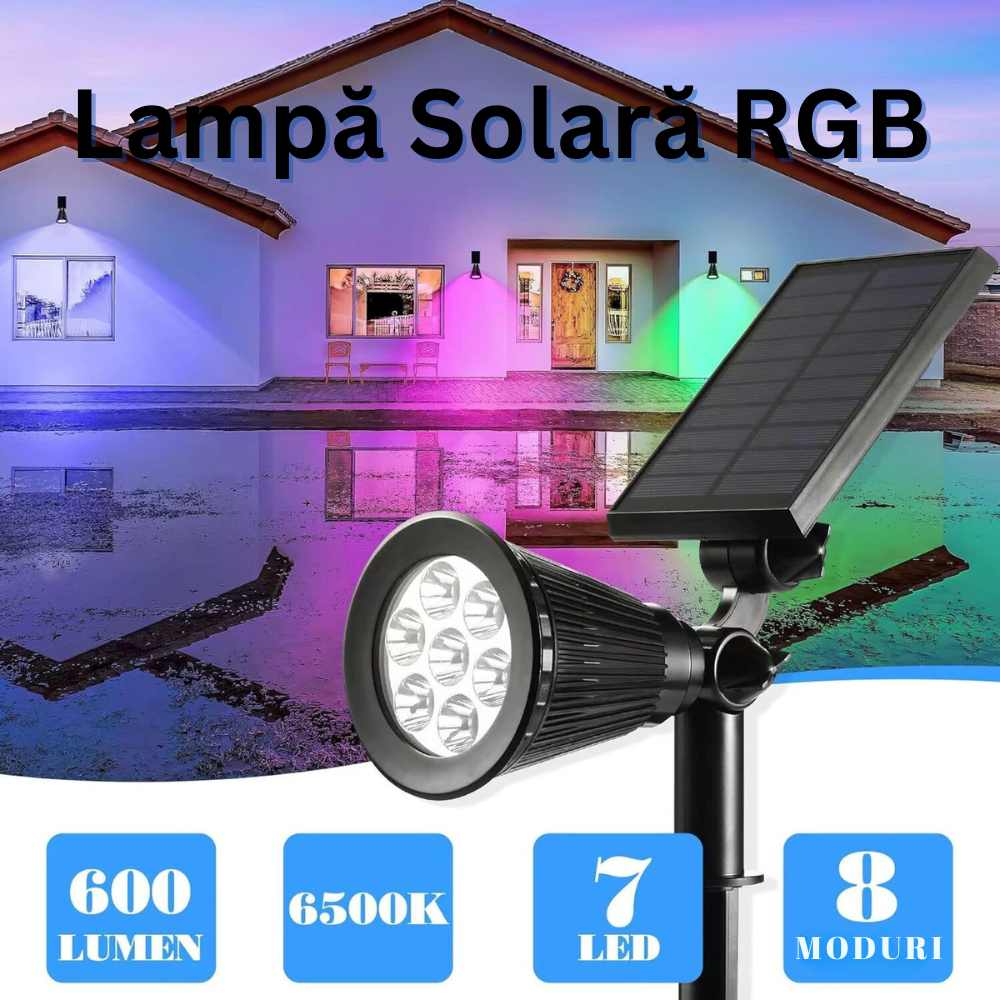 Lampa Solara RGB de Exterior, cu Panou Solar Incorporat, 7 LED COB, pentru Gradina, Casa, tip Proiector cu Tarus, Senzori de Amurg si Lumina, Rezistenta la Apa IP65, 8 Moduri Functionare, Kit Montaj Inclus, Negru