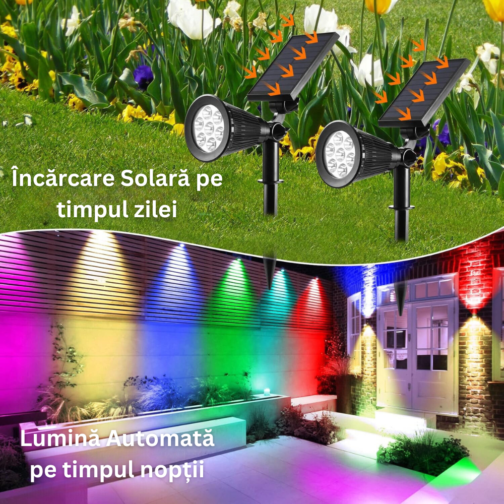 Lampa Solara RGB de Exterior, cu Panou Solar Incorporat, 7 LED COB, pentru Gradina, Casa, tip Proiector cu Tarus, Senzori de Amurg si Lumina, Rezistenta la Apa IP65, 8 Moduri Functionare, Kit Montaj Inclus, Negru