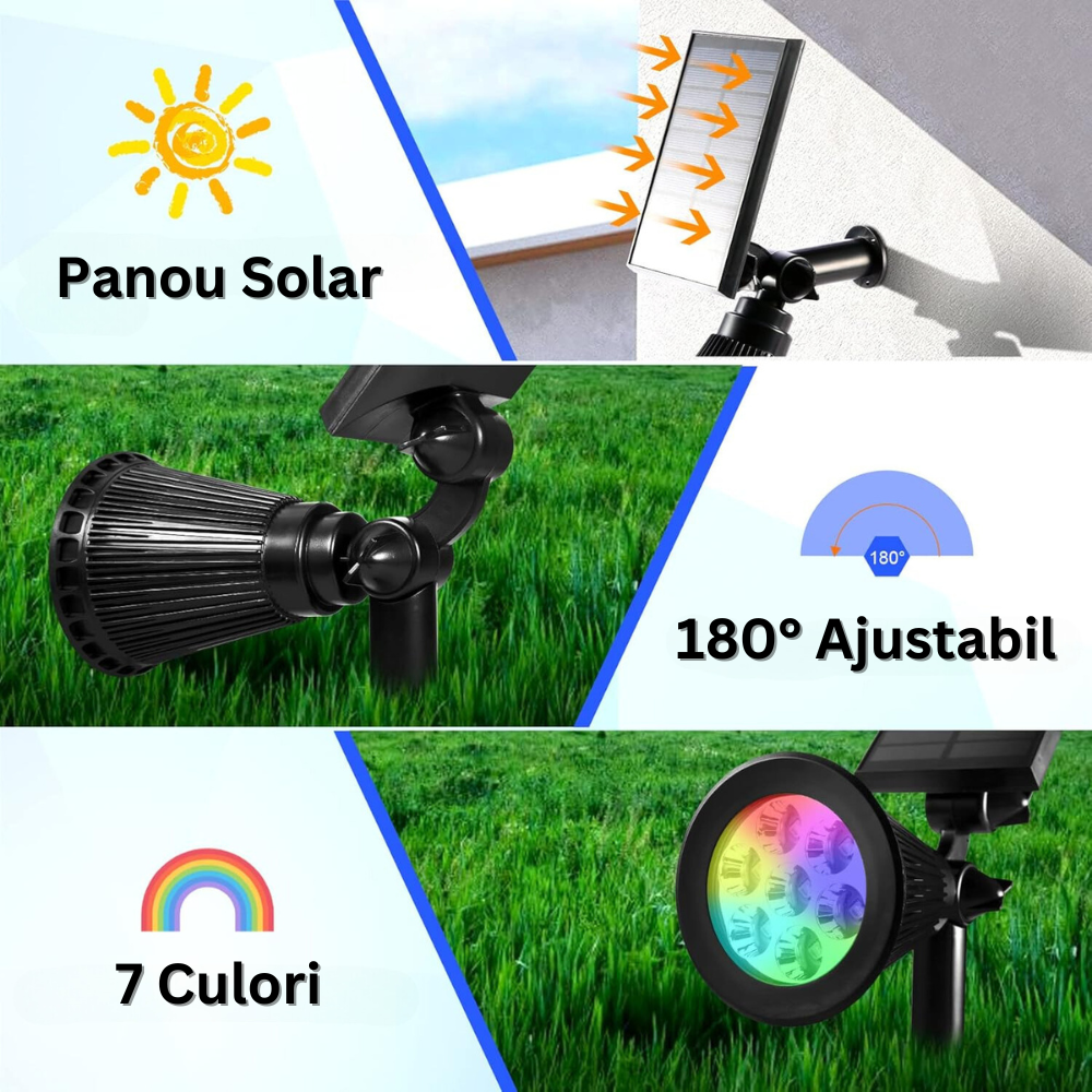 Lampa Solara RGB de Exterior, cu Panou Solar Incorporat, 7 LED COB, pentru Gradina, Casa, tip Proiector cu Tarus, Senzori de Amurg si Lumina, Rezistenta la Apa IP65, 8 Moduri Functionare, Kit Montaj Inclus, Negru