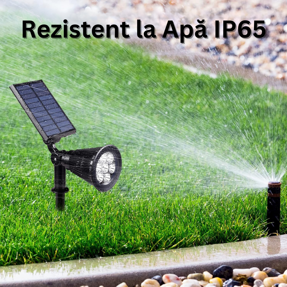 Lampa Solara RGB de Exterior, cu Panou Solar Incorporat, 7 LED COB, pentru Gradina, Casa, tip Proiector cu Tarus, Senzori de Amurg si Lumina, Rezistenta la Apa IP65, 8 Moduri Functionare, Kit Montaj Inclus, Negru