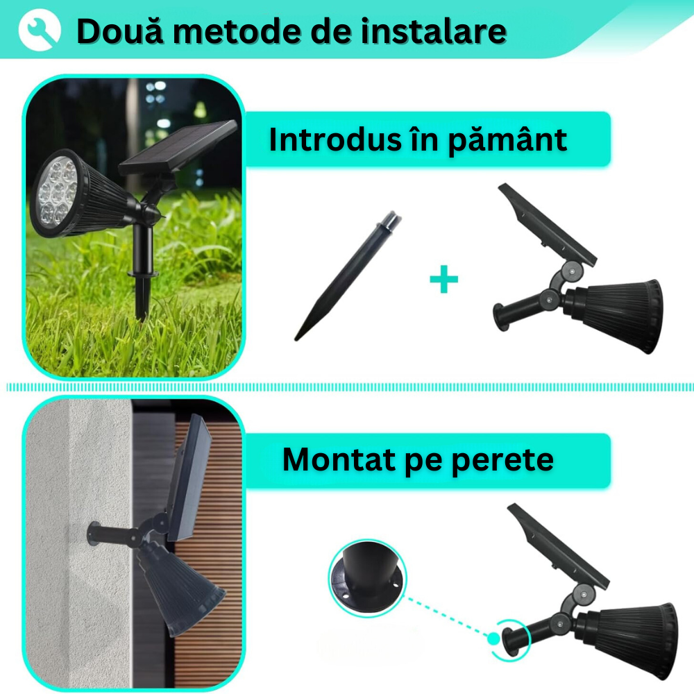 Lampa Solara RGB de Exterior, cu Panou Solar Incorporat, 7 LED COB, pentru Gradina, Casa, tip Proiector cu Tarus, Senzori de Amurg si Lumina, Rezistenta la Apa IP65, 8 Moduri Functionare, Kit Montaj Inclus, Negru