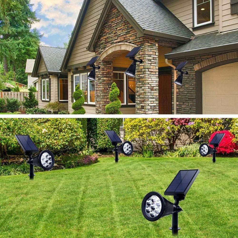 Lampa Solara RGB de Exterior, cu Panou Solar Incorporat, 7 LED COB, pentru Gradina, Casa, tip Proiector cu Tarus, Senzori de Amurg si Lumina, Rezistenta la Apa IP65, 8 Moduri Functionare, Kit Montaj Inclus, Negru