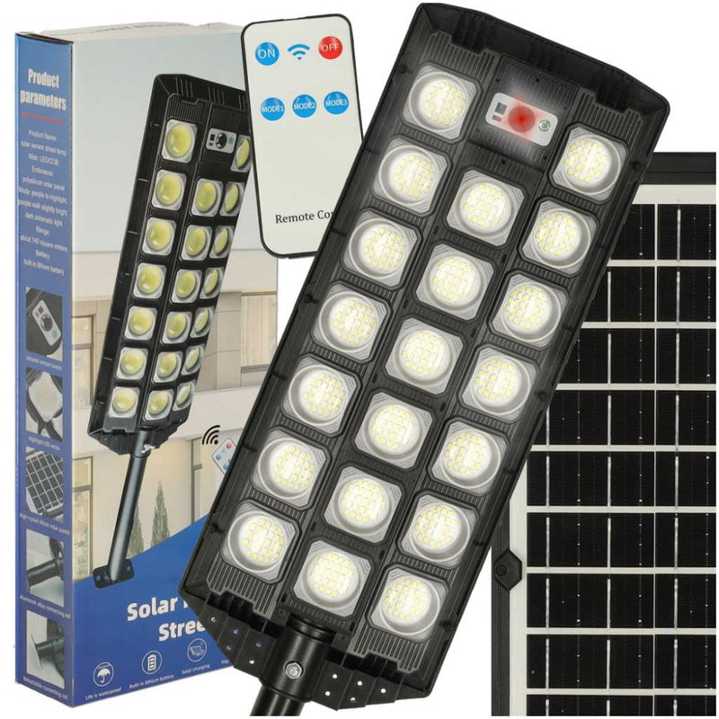 Lampa Solara Stradala, cu Panou Solar Incorporat, 520 LED COB, 20000 Lumeni, Telecomanda, cu Senzori de Amurg, Miscare si Lumina, Brat de Montare, Rezistenta la Apa IP65, 3 Moduri Functionare, Kit de Montaj Inclus, Negru