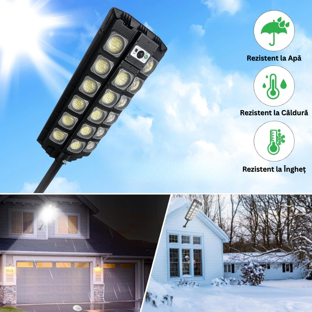 Lampa Solara Stradala, cu Panou Solar Incorporat, 520 LED COB, 20000 Lumeni, Telecomanda, cu Senzori de Amurg, Miscare si Lumina, Brat de Montare, Rezistenta la Apa IP65, 3 Moduri Functionare, Kit de Montaj Inclus, Negru
