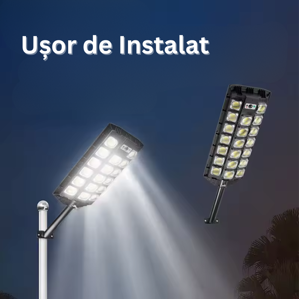 Lampa Solara Stradala, cu Panou Solar Incorporat, 520 LED COB, 20000 Lumeni, Telecomanda, cu Senzori de Amurg, Miscare si Lumina, Brat de Montare, Rezistenta la Apa IP65, 3 Moduri Functionare, Kit de Montaj Inclus, Negru