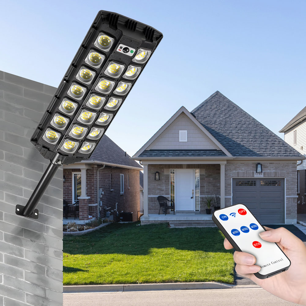 Lampa Solara Stradala, cu Panou Solar Incorporat, 520 LED COB, 20000 Lumeni, Telecomanda, cu Senzori de Amurg, Miscare si Lumina, Brat de Montare, Rezistenta la Apa IP65, 3 Moduri Functionare, Kit de Montaj Inclus, Negru