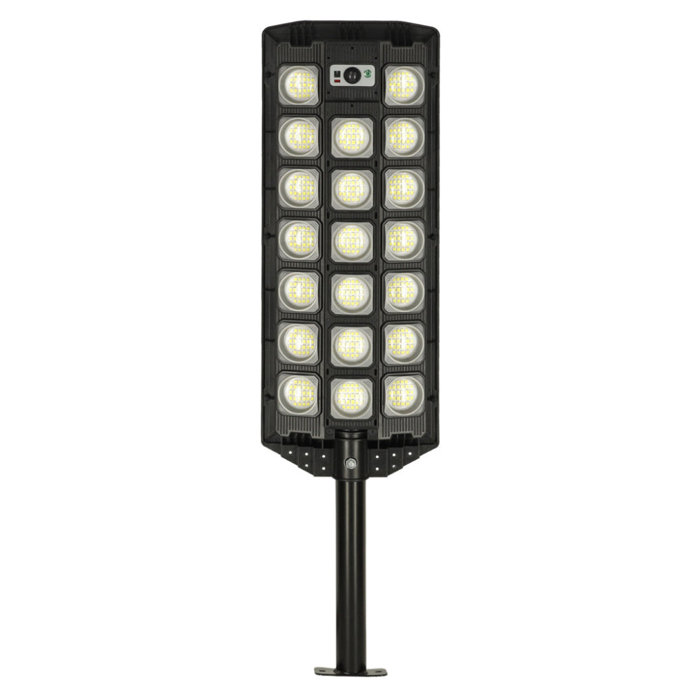Lampa Solara Stradala, cu Panou Solar Incorporat, 520 LED COB, 20000 Lumeni, Telecomanda, cu Senzori de Amurg, Miscare si Lumina, Brat de Montare, Rezistenta la Apa IP65, 3 Moduri Functionare, Kit de Montaj Inclus, Negru