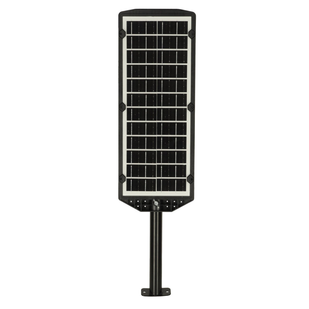 Lampa Solara Stradala, cu Panou Solar Incorporat, 520 LED COB, 20000 Lumeni, Telecomanda, cu Senzori de Amurg, Miscare si Lumina, Brat de Montare, Rezistenta la Apa IP65, 3 Moduri Functionare, Kit de Montaj Inclus, Negru