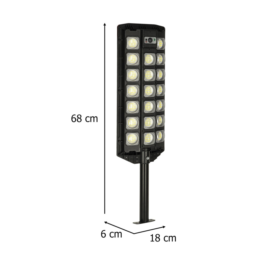 Lampa Solara Stradala, cu Panou Solar Incorporat, 520 LED COB, 20000 Lumeni, Telecomanda, cu Senzori de Amurg, Miscare si Lumina, Brat de Montare, Rezistenta la Apa IP65, 3 Moduri Functionare, Kit de Montaj Inclus, Negru