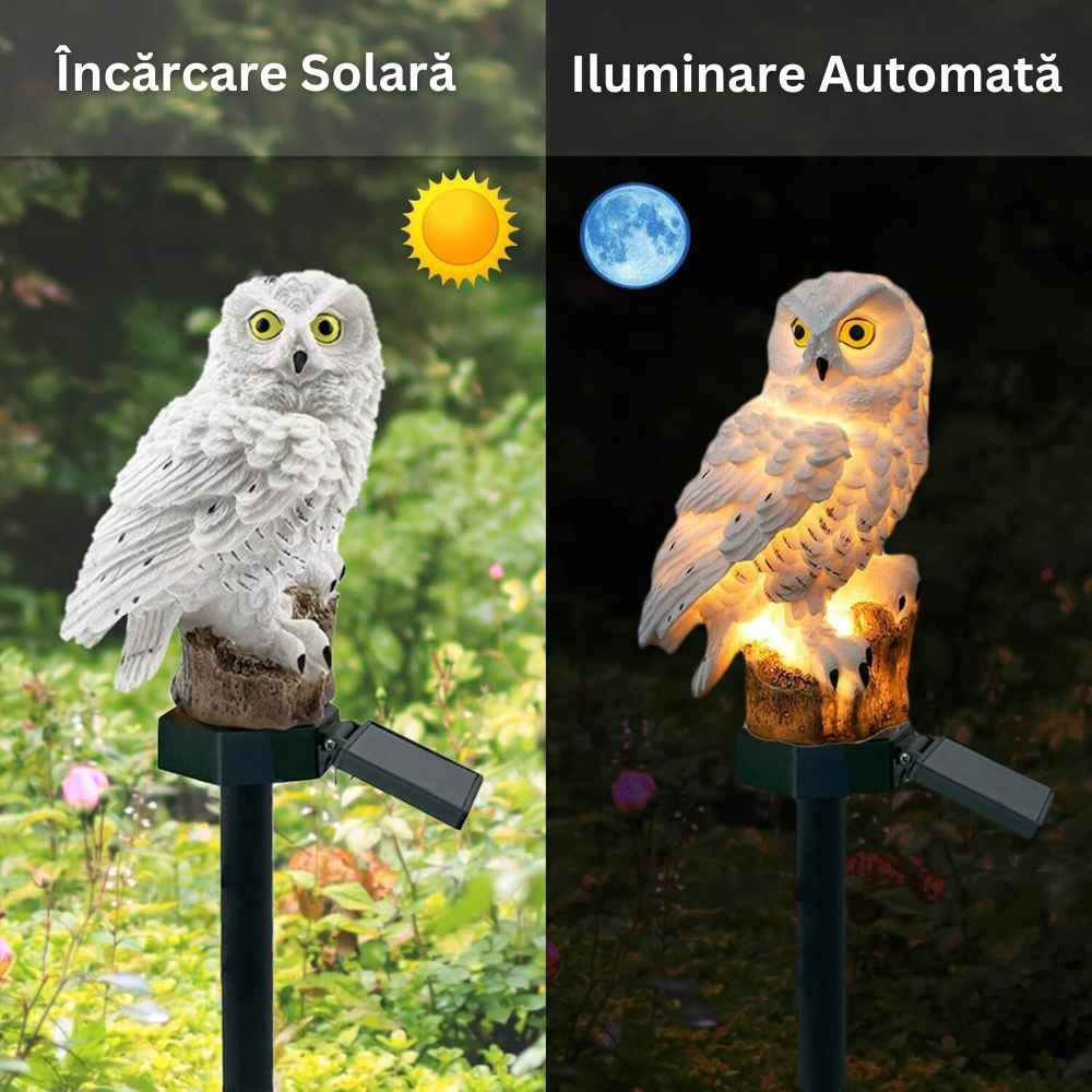 Lampa Solara de Exterior, cu Panou Solar Incorporat, Mobil 180°, Iluminare LED, pentru Gradina, Curte, Terasa, Decorativ, tip Bufnita cu Tarus, Senzori de Amurg si Lumina, Rezistenta la Apa IP44, Negru/Alb