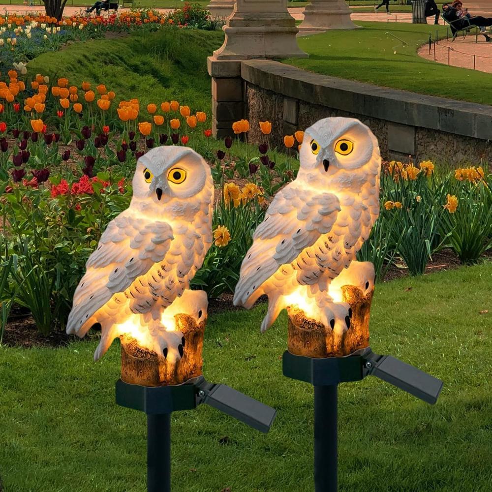 Lampa Solara de Exterior, cu Panou Solar Incorporat, Mobil 180°, Iluminare LED, pentru Gradina, Curte, Terasa, Decorativ, tip Bufnita cu Tarus, Senzori de Amurg si Lumina, Rezistenta la Apa IP44, Negru/Alb