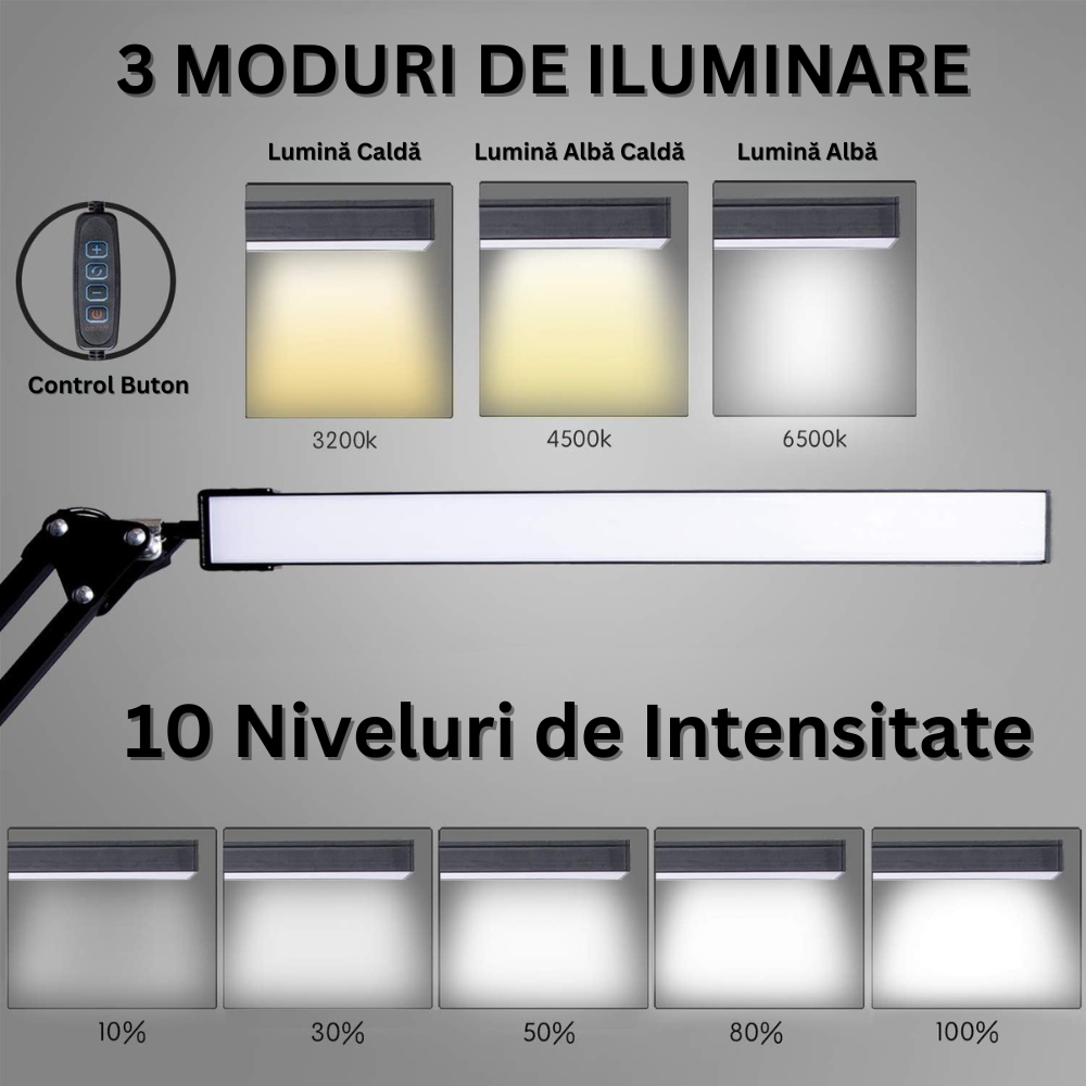 Lampa de Birou LED, 10 Niveluri de Intensitate, 3 Moduri de Iluminare, Brat Oscilant cu Clema, Inaltime Ajustabila, Functie Memorie, Protectie Ochi, pentru Arhitect, Banc de Lucru, Citire, Relaxare, Alimentare USB, Supot Inclus, 37x37x37cm, N