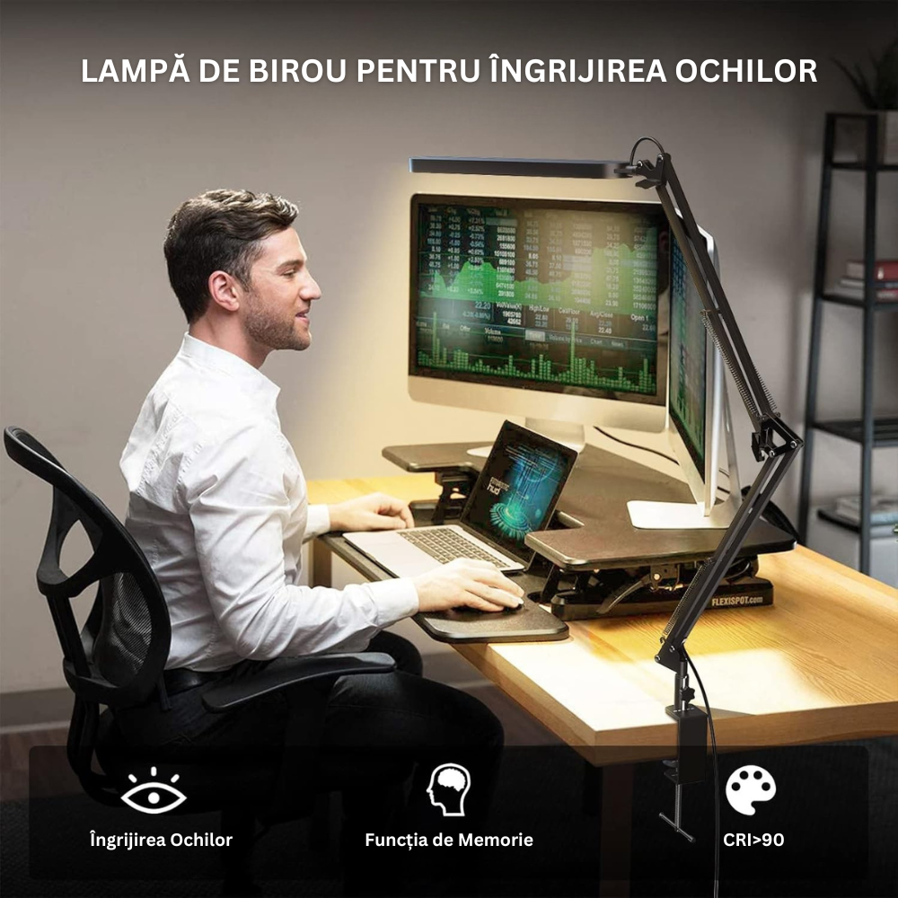 Lampa de Birou LED, 10 Niveluri de Intensitate, 3 Moduri de Iluminare, Brat Oscilant cu Clema, Inaltime Ajustabila, Functie Memorie, Protectie Ochi, pentru Arhitect, Banc de Lucru, Citire, Relaxare, Alimentare USB, Supot Inclus, 37x37x37cm, N