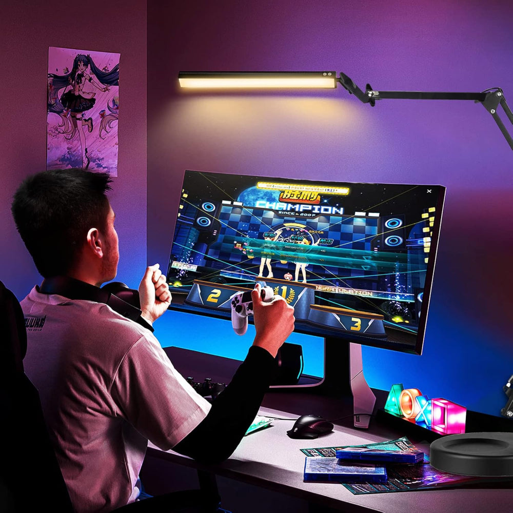 Lampa de Birou LED, 10 Niveluri de Intensitate, 3 Moduri de Iluminare, Brat Oscilant cu Clema, Inaltime Ajustabila, Functie Memorie, Protectie Ochi, pentru Arhitect, Banc de Lucru, Citire, Relaxare, Alimentare USB, Supot Inclus, 37x37x37cm, N