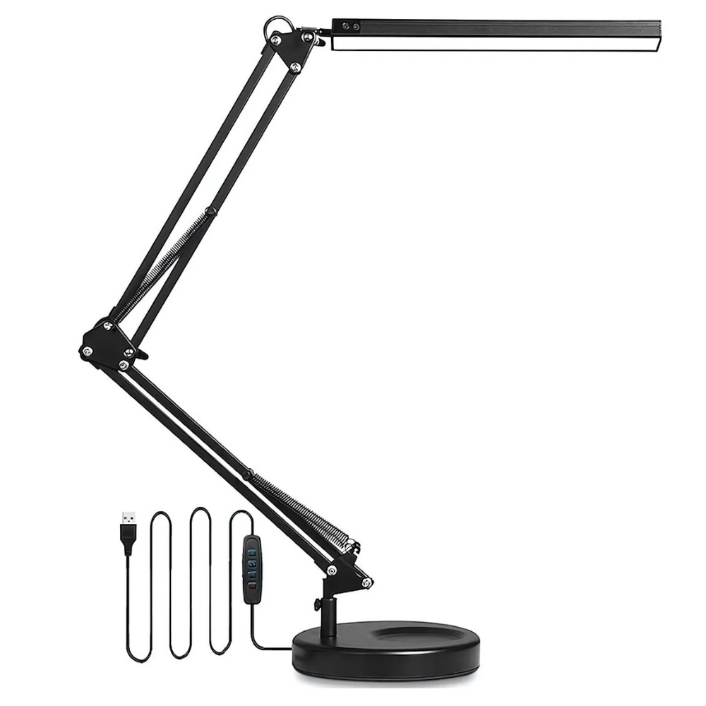 Lampa de Birou LED, 10 Niveluri de Intensitate, 3 Moduri de Iluminare, Brat Oscilant cu Clema, Inaltime Ajustabila, Functie Memorie, Protectie Ochi, pentru Arhitect, Banc de Lucru, Citire, Relaxare, Alimentare USB, Supot Inclus, 37x37x37cm, Negru