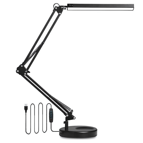 Lampa de Birou LED, 10 Niveluri de Intensitate, 3 Moduri de Iluminare, Brat Oscilant cu Clema, Inaltime Ajustabila, Functie Memorie, Protectie Ochi, pentru Arhitect, Banc de Lucru, Citire, Relaxare, Alimentare USB, Supot Inclus, 37x37x37cm, Negru