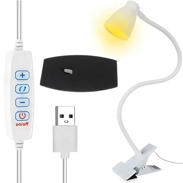 Lampa pentru Citit, 24 Led-uri, 10 Niveluri de Intensitate, 3 Moduri de Iluminare, Clema de Prindere, Reglabila 360°, Flexibila, Alimentare USB, Supot Inclus, Alb