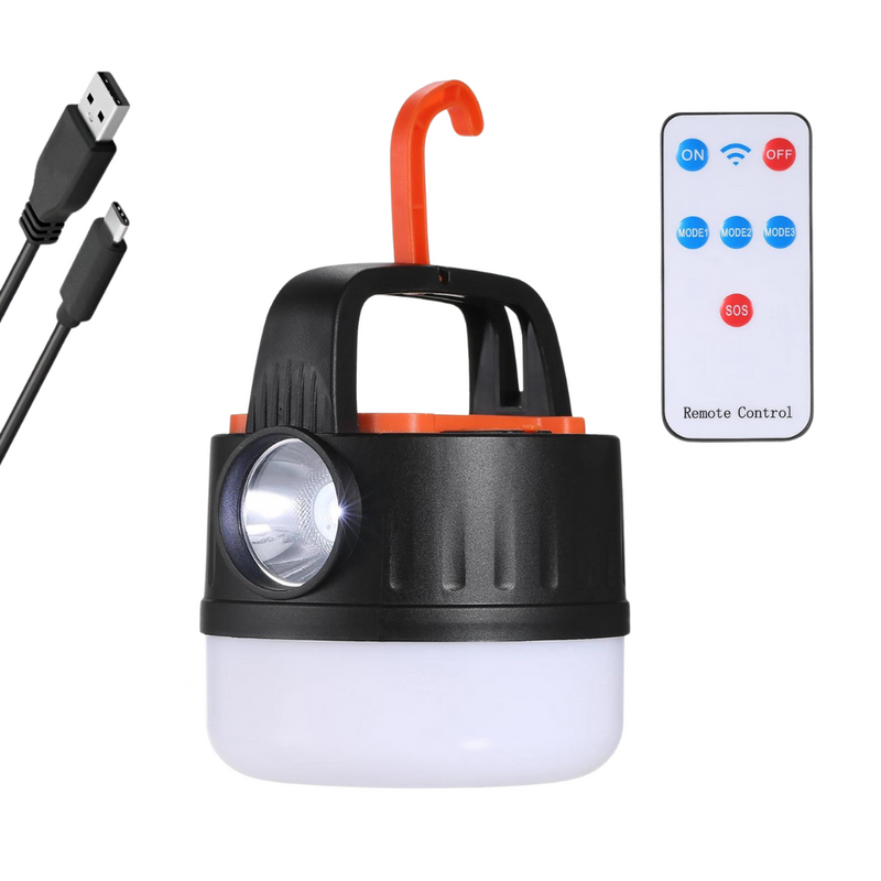 Lanterna LED Portabila cu Incarcare Solara, Telecomanda, Baterie Externa, Iluminare 360°, Carlig Agatare, pentru Camping, Pescuit, Masina, Cort, Maner de Transport, Cablu MicroUSB Inclus, Negru